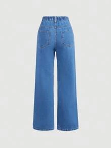 SHEIN Teen Girl Bow Print Wide Leg Jeans - Dark Wash - View 2