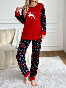 RueChic Christmas Elk & Snowflake Pattern Flannel PJ Set - Đỏ - Xem 6
