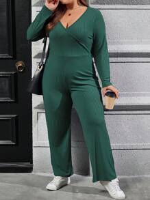 SHEIN LUNE Talla grande Mono unicolor tejido de canalé - Verde Oscuro - Ver 1