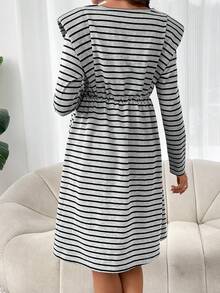 SHEIN Maternity Striped Print Shoulder Pad Dress - Multicolor - View 2