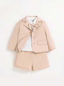 SHEIN 3pcs/set Baby Boys' Gentleman Style Casual Shirt, Jacket, Shorts With Bow Tie