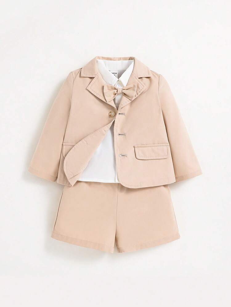 3pcs/set Baby Boys' Gentleman Style Casual Shirt, Jacket, Shorts With Bow Tie