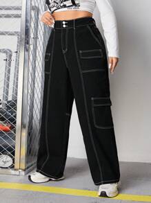SHEIN ICON Plus High Waist Top-Stitching Flap Pocket Side Cargo Boyfriend Jeans - Black - View 3