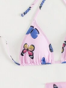 Women's Butterfly Pattern Print Halter Neck Seperates Bikini Set, 3pcs Summer Beach - Multicolor - View 6