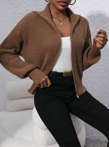 Chiquease Thả vai Dây kéo Áo len Mở - Màu Khaki - Xem 7