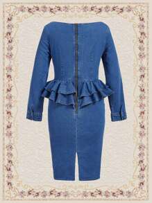 Vintamour Ruffle Trim Button Front Denim Dress - Dark Wash - View 2