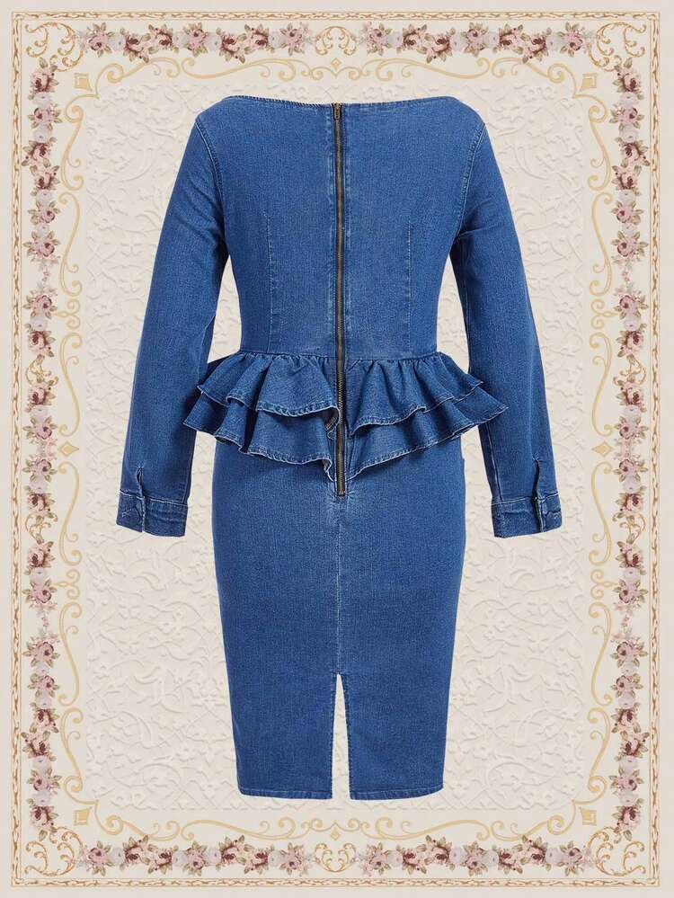 Ruffle Trim Button Front Denim Dress