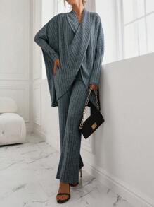 SHEIN LUNE Batwing Sleeve Wrap Cross Top & Flare Leg Pants - Dusty Blue - View 3