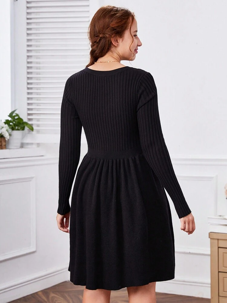 Teen Girl Button Detail Ribbed Knit Sweater Dress