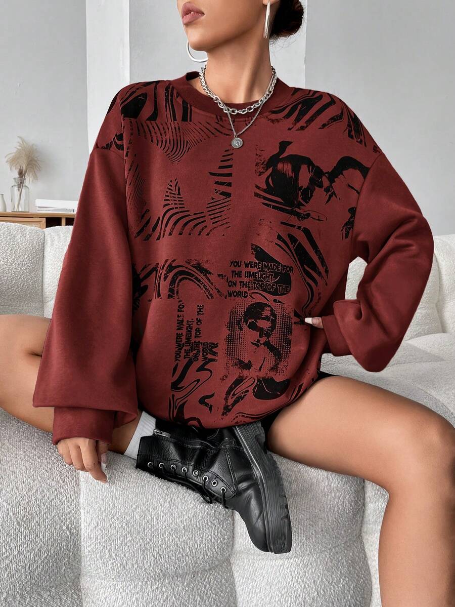 SHEIN EZwear Letter & Figure Graphic Drop Shoulder Sweatshirt - Burgundy - View 1