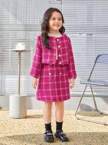 小女孩復古風格珍珠連結羊毛夾克 & A 字裙套裝