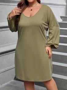 SHEIN LUNE Của phụ nữ Kích thước lớn Màu thuần Thả vai Tay áo Đầm - màu xanh lá - Xem 5