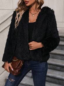 SHEIN LUNE 開門襟毛茸茸外套 - 黑色 - 查看 7
