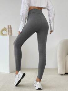 SHEIN Essnce 素色寬腰帶保暖緊身打底褲 - 灰色 - 查看 2