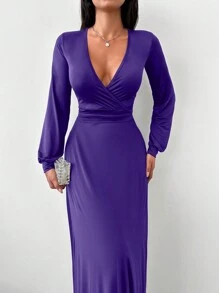 EURMUSE Deep V-neck High Slit Dress - Purple - View 4