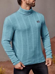 GENTILAND 男士字母貼布高領條紋針織T恤 - 淺藍色 - 查看 5