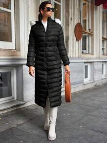 EURMUSE Women's Padded Jacket With Fur Collar And Waist Belt - Black - View 1