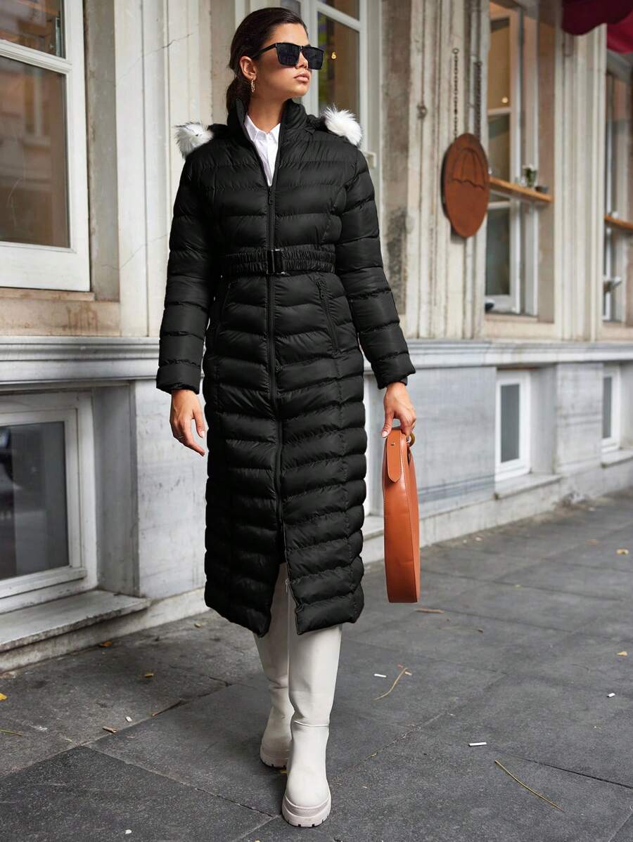 EURMUSE Women's Padded Jacket With Fur Collar And Waist Belt - Black - View 1