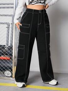 SHEIN ICON Plus High Waist Top-Stitching Flap Pocket Side Cargo Boyfriend Jeans - Black - View 4