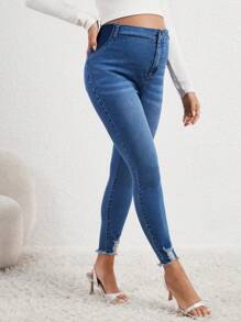 SHEIN Maternity Ripped Raw Hem Skinny Jeans - Medium Wash - View 1