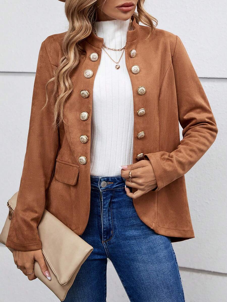 EMERY ROSE Chất rắn Đôi ngực Chi tiết Áo khoác - Màu nâu  Mocha - Xem 1