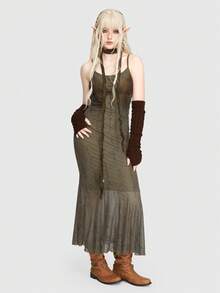 ROMWE Fairycore 字母印花不對稱下擺細肩帶洋裝 - 鏽棕色 - 查看 6