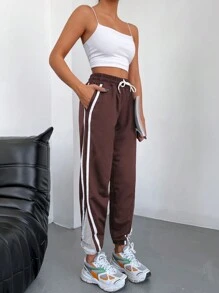 Cottnline Contrast Striped Side Drawstring Waist Sweatpants - Brown - View 6