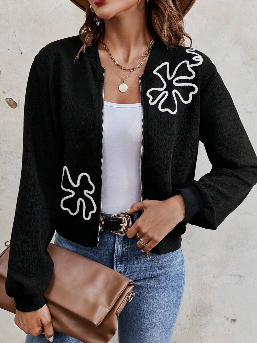 SHEIN Essnce Floral Print Zip Up Bomber Jacket - Black - View 1