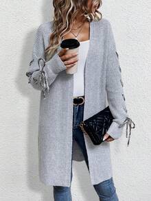 SHEIN Essnce 系带细节落肩开衫 - 灰色 - 查看 5