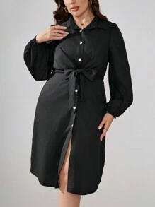 SHEIN Clasi 大尺碼女士腰帶襯衫連衣裙 - 黑色 - 查看 4