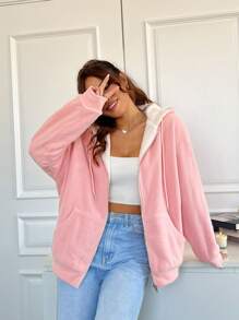 SHEIN EZwear 落肩袖抽繩連帽毛絨內襯夾克 - 粉色 - 查看 1