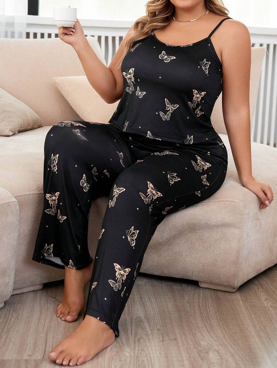 Plus Butterfly Print Lettuce Trim PJ Set / Pajama Set - Black - View 1