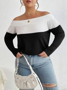 SHEIN Essnce Kích thước lớn Khối màu Off Shoulder Áo thun - Đen và trắng - Xem 6