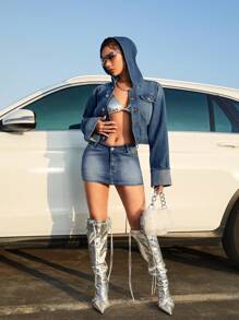 SHEIN ICON Chi tiết về Flap áo có mũ Áo khoác denim - Màu xanh lam - Xem 4