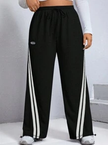 SHEIN EZwear 大碼字母補丁細節織帶拼接腰部抽繩闊腿衛褲 - 黑色 - 查看 5