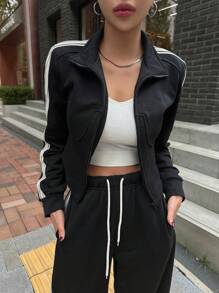 DAZY 女款粗條紋側邊拉鍊前開外套和長褲套裝 - 黑色 - 查看 3