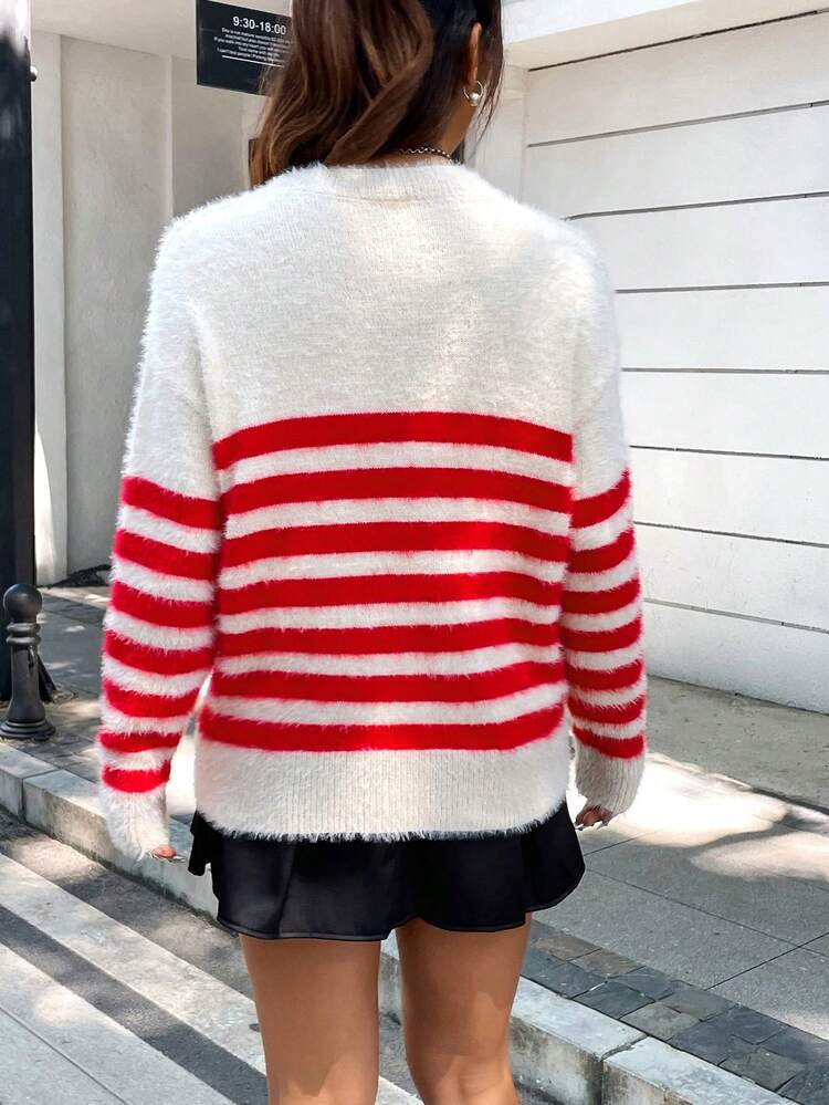 Striped Pattern Drop Shoulder Knit Pullover Fall Winter Sweater