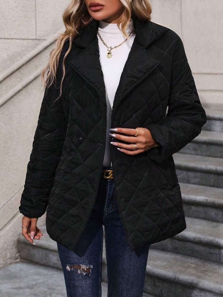 Lapel Neck Slant Pocket Quilted Padded Coat Clothes Winter