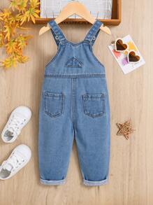 SHEIN 女嬰貓爪補丁牛仔背帶褲(無t恤) - 中等水洗藍 - 查看 2