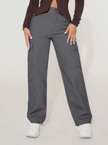 SHEIN PETITE Cao eo Túi nắp bên cạnh Quần jean chở hàng - Màu xám đen - Xem 4