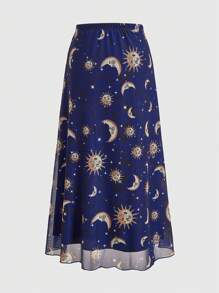 ROMWE Hippie 太陽月亮圖案網紗覆蓋半身裙 - 寶藍色 - 查看 2