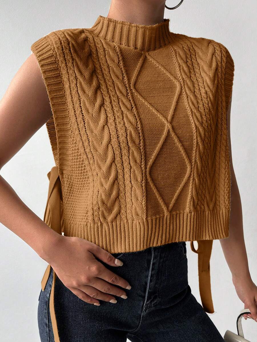 EURMUSE Mock Neck Knot Side Cable Knit Sweater Vest - Camel - View 1
