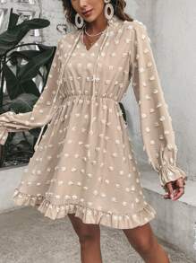 SHEIN VCAY 女士蕾絲邊彈性腰圍連衣裙 - 杏色 - 查看 5