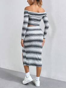 SHEIN Unity 一字肩短款T恤&高衩半身裙 - 灰色 - 查看 2