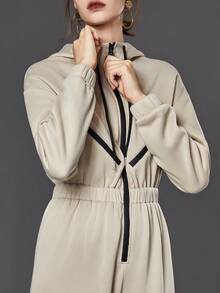 SHEIN Unity Zipper Front Elastic Waist Drawstring Hooded Jumpsuit - Apricot - View 5