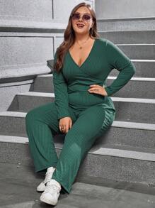 SHEIN LUNE Talla grande Mono unicolor tejido de canalé - Verde Oscuro - Ver 2