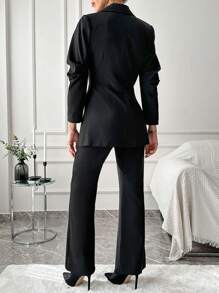 EURMUSE Women's Fashionable Versatile Solid Color Blazer And Pants Suit, Business Attire - Black - View 3