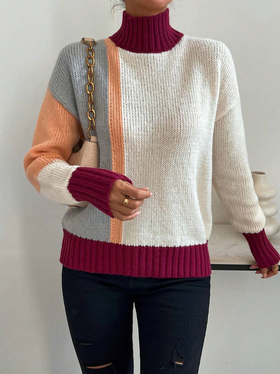 SHEIN Essnce Khối màu Cổ cao Thả vai Áo len - Nhiều màu - Xem 1