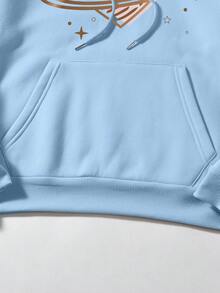 SHEIN EZwear 愛心圖案袋鼠口袋落肩袖抽繩連帽衫 - 淺藍色 - 查看 5