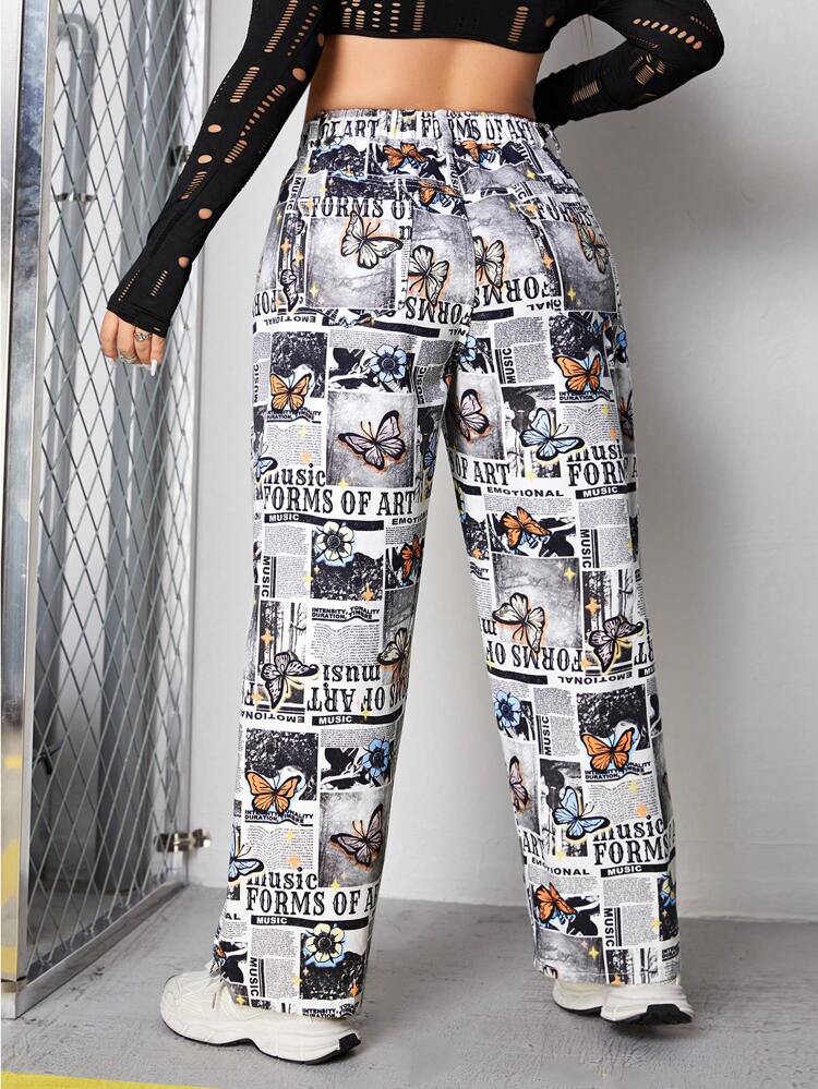 Plus Newspaper & Butterfly Print Straight Leg Jeans